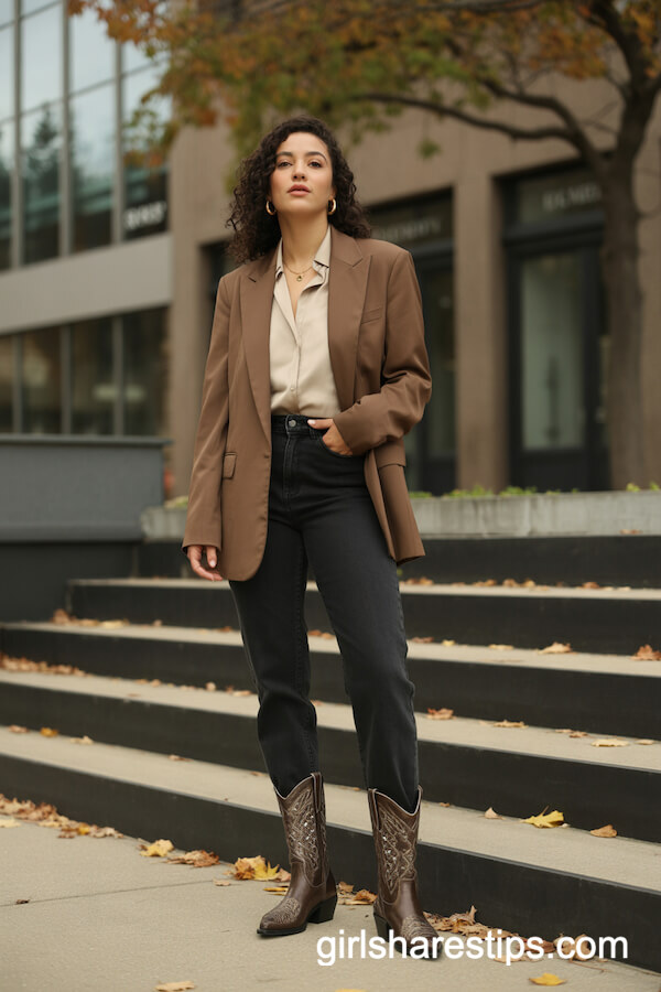 Brown Tailored Pantsuit & Patterned Boots