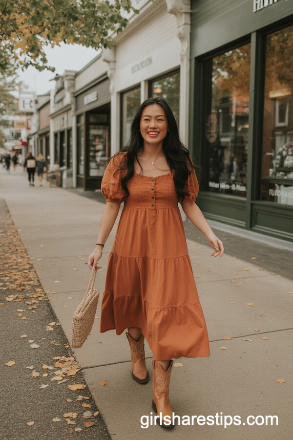Orange Tiered Midi Dress with Puff Sleeves