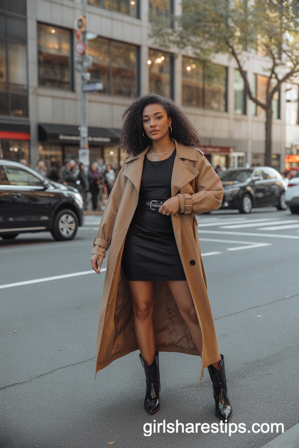Belted Trench Coat Over Black Mini Dress