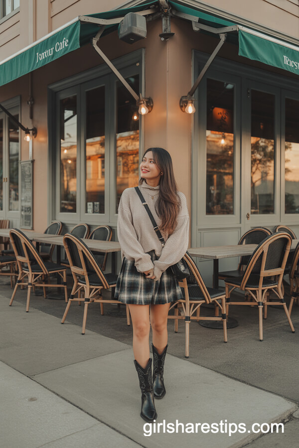 Plaid Mini Skirt & Chunky Knit Sweater