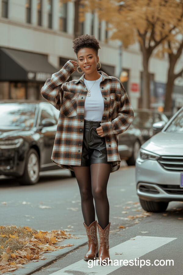 Oversized Flannel & Leather Shorts