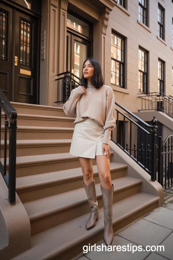 Beige Sweater Cream Mini Skirt with Taupe Boots
