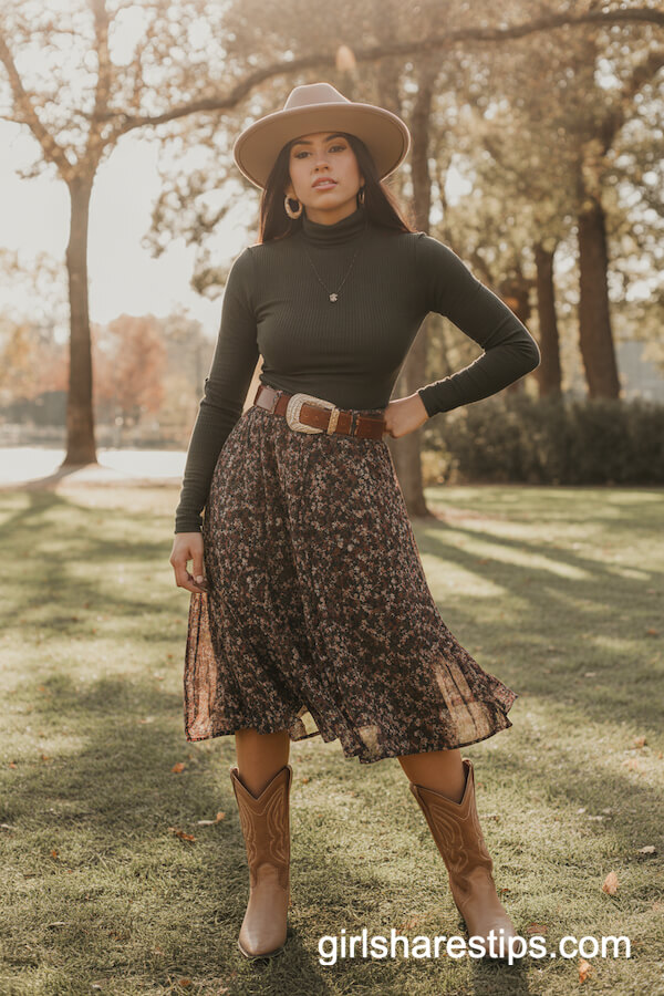 Turtleneck Floral Midi Skirt