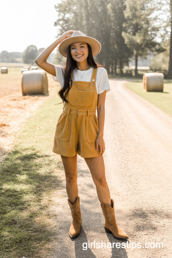 Mustard Corduroy Romper And Tan Boots