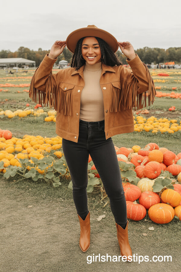 Tan Fringe Jacket with Pumpkin Patch Vibe