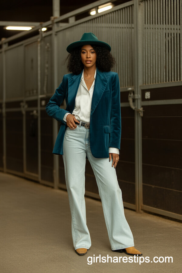 Teal Velvet Blazer Light-Wash Jeans