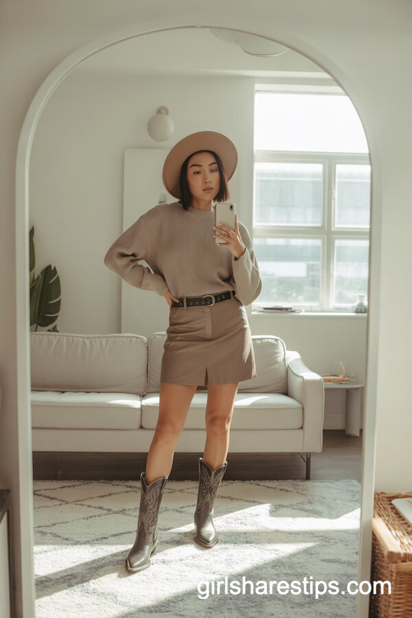 Monochrome Beige Knit Faux Suede Skirt