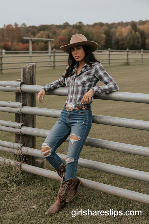 Fitted Plaid & Distressed Jeans