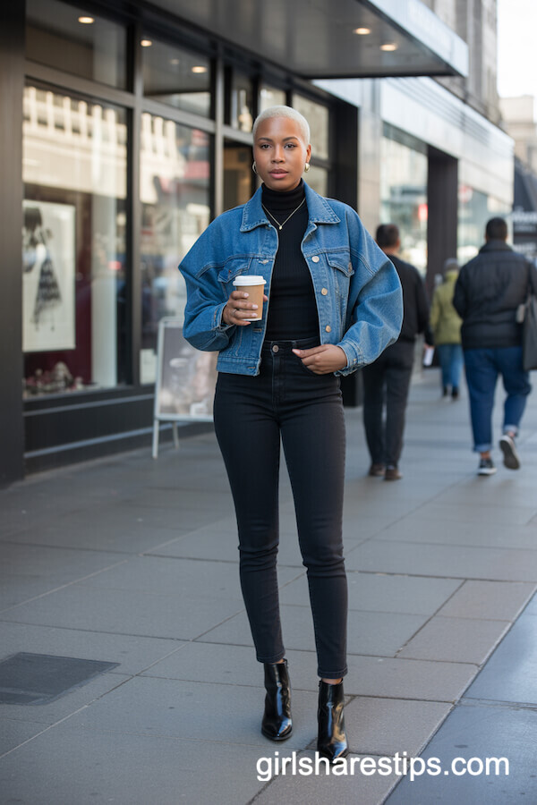 Fitted Denim Jacket with All-Black Outfit