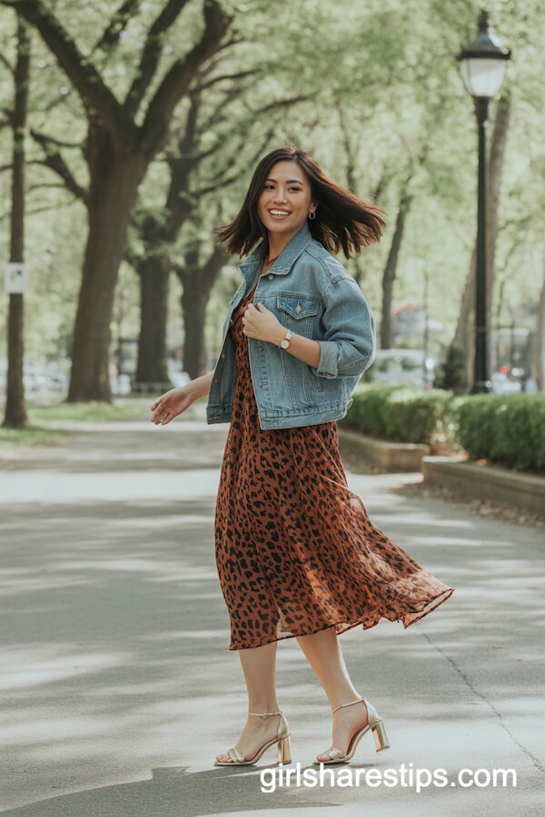 Denim Jacket Over Bold Animal-Print Dress