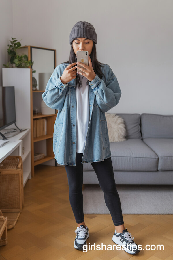 Oversized Denim Jacket with Black Leggings