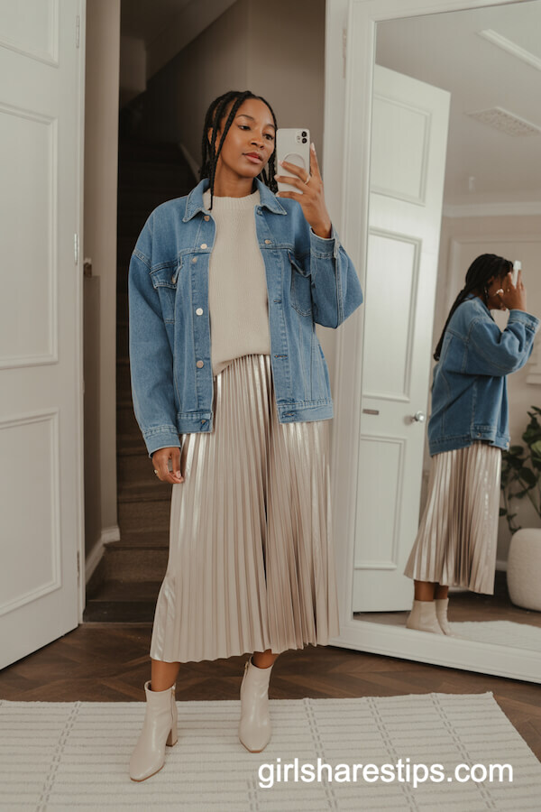 Crisp Denim Jacket with Metallic Midi Skirt
