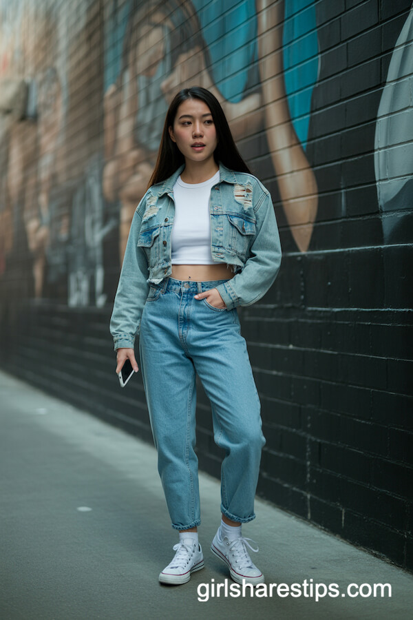 Cropped Distressed Denim Jacket with Mom Jeans