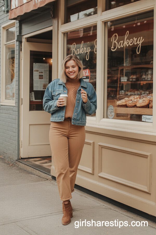 Denim Jacket Over Caramel Knit Sweater
