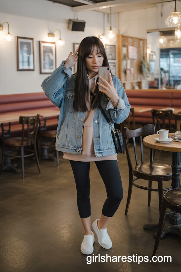 Denim Jacket Layered Over Neutral Hoodie