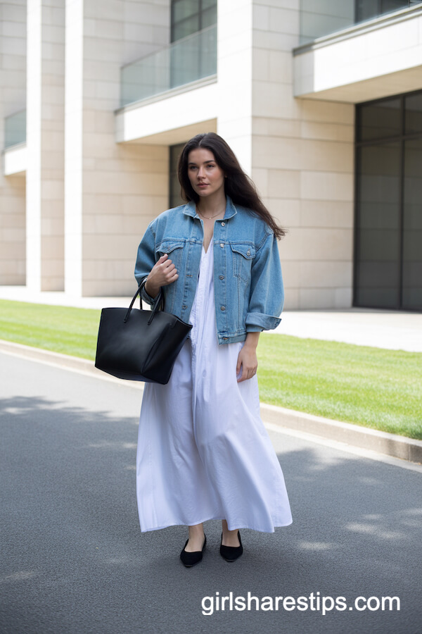 Relaxed Denim Jacket with White Maxi Dress