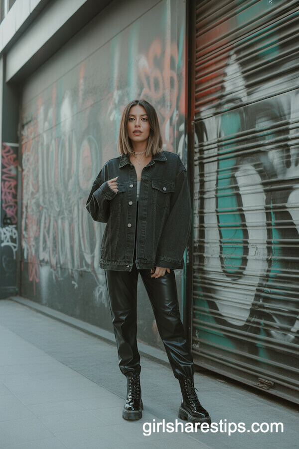 Oversized Black Denim Jacket with Faux Leather Pants