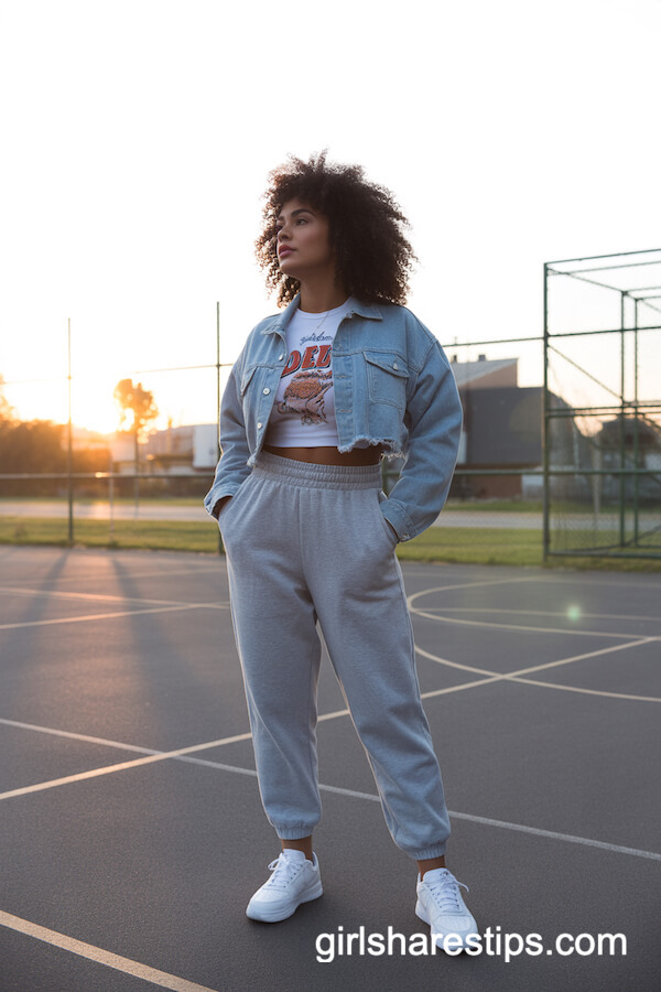 Cropped Denim Jacket with Gray Joggers