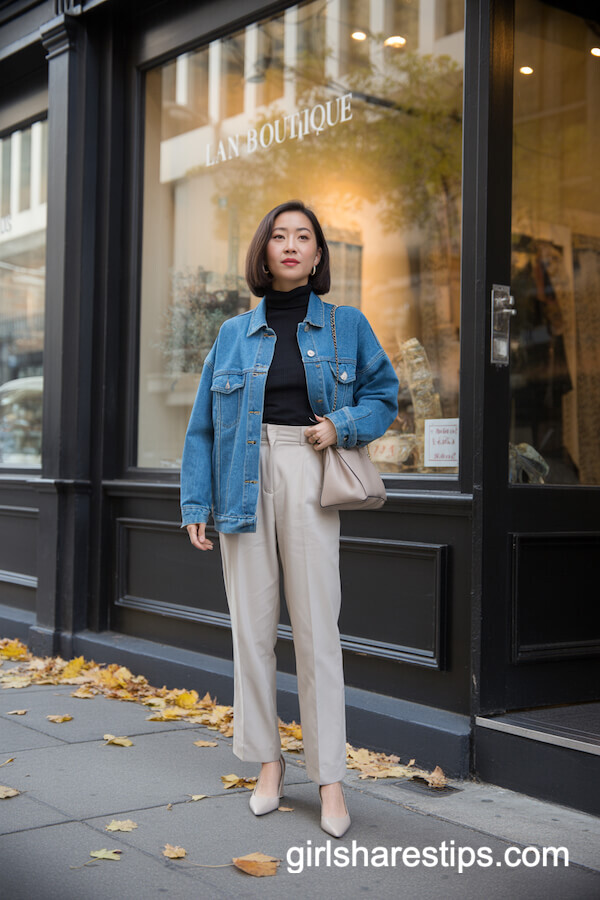 Mid-Blue Denim Jacket with Beige Trousers