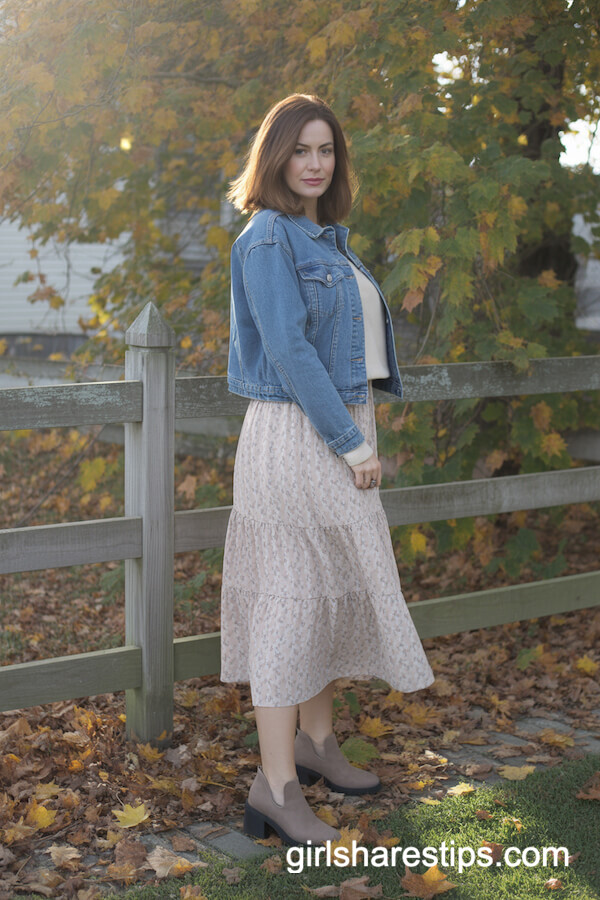 Cropped Denim Jacket with Pastel Floral Skirt