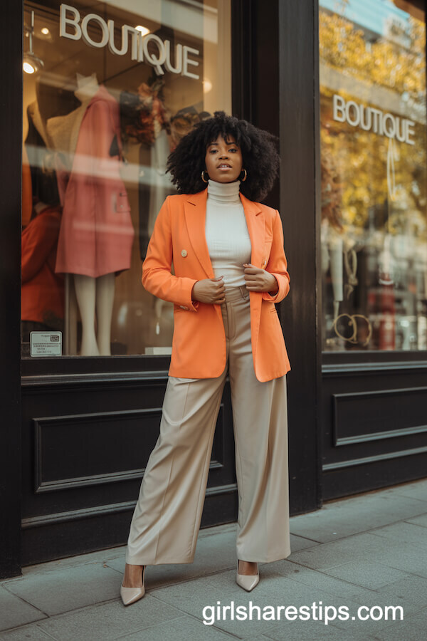Orange Tailored Blazer with Wide-Leg Pants