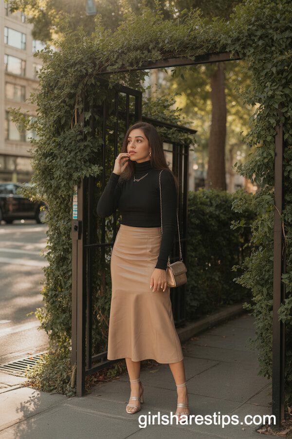 Black Turtleneck with Beige Midi Skirt