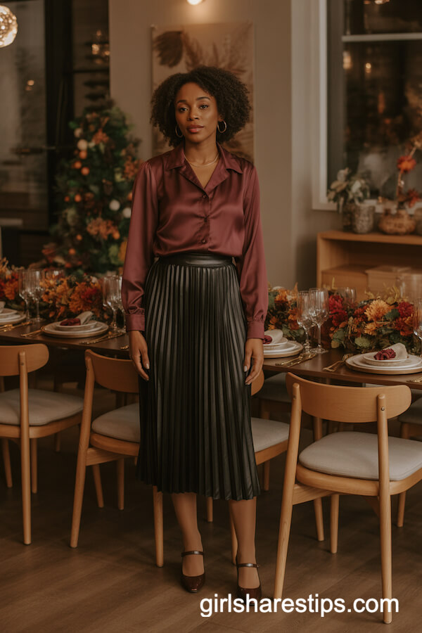 Silky Burgundy Blouse with Pleated Skirt