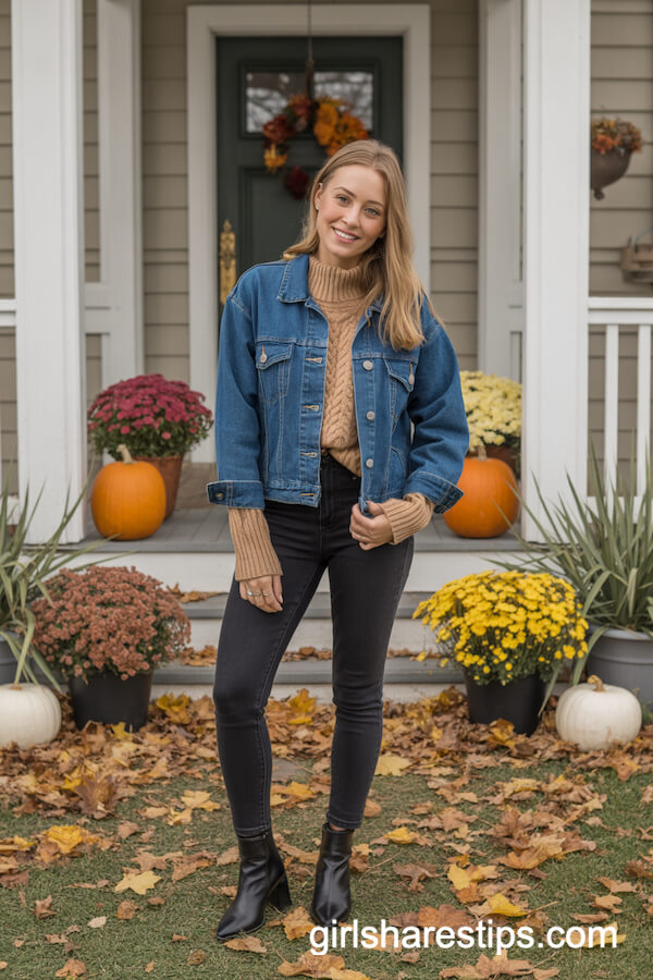 Blue Denim Jacket over Oatmeal Sweater