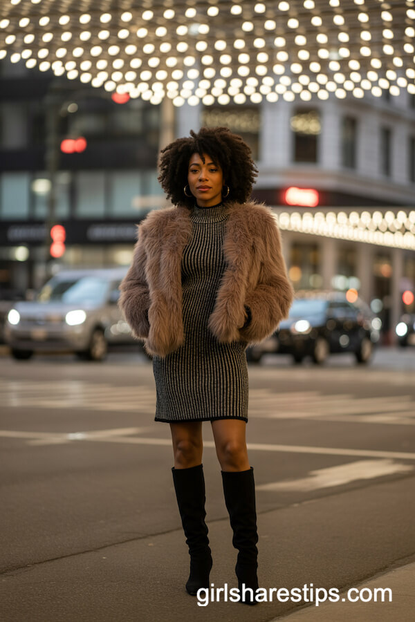 Taupe Faux Fur Coat with Striped Dress