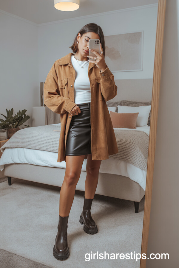 Tan Suede Shacket with Mini Skirt