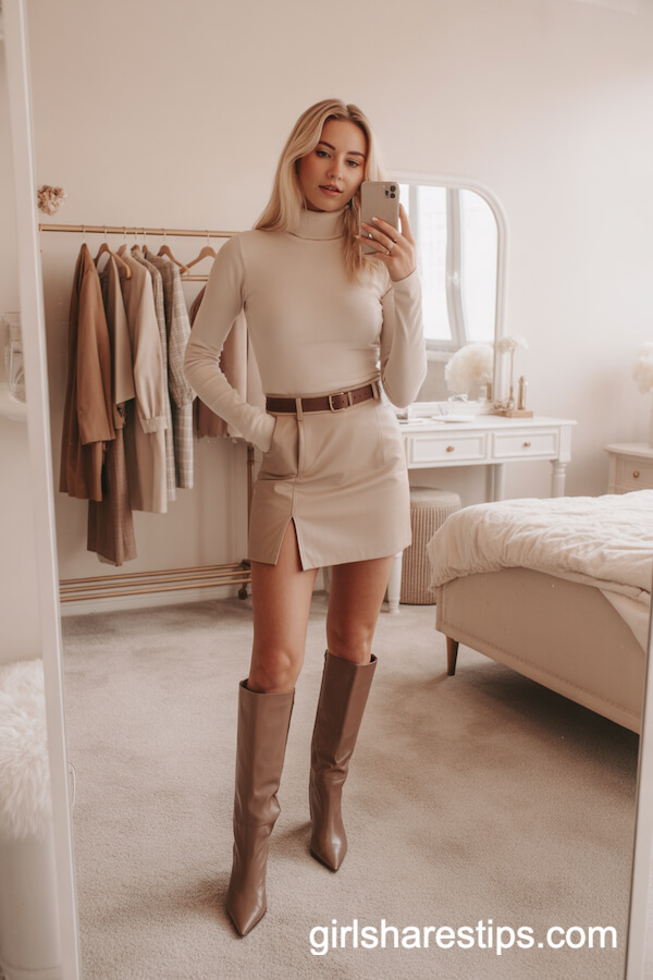 Cream Turtleneck with Beige Mini Skirt