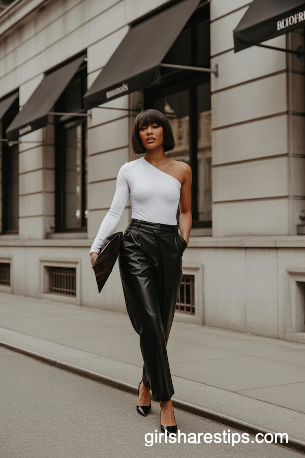 White Asymmetric Bodysuit with Leather Pants