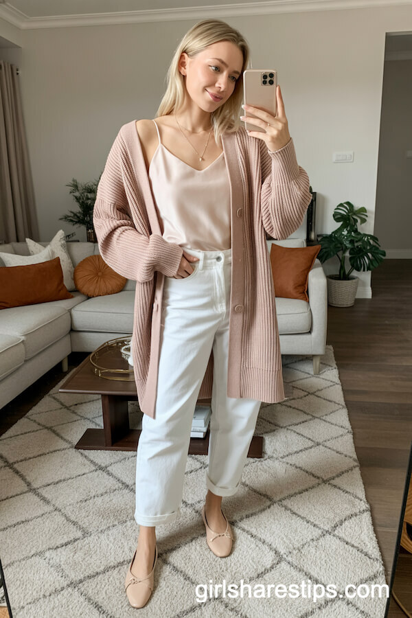 Blush Knit Cardigan with White Jeans