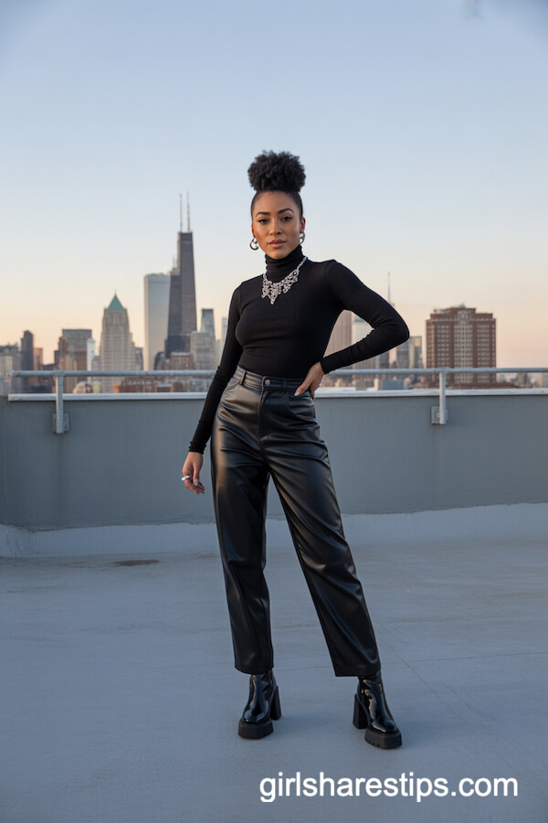 Black Turtleneck with Faux Leather Pants