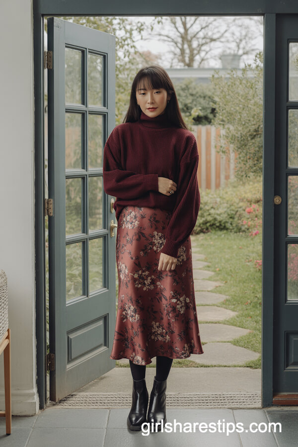 Burgundy Knit Tucked into Satin Midi Skirt