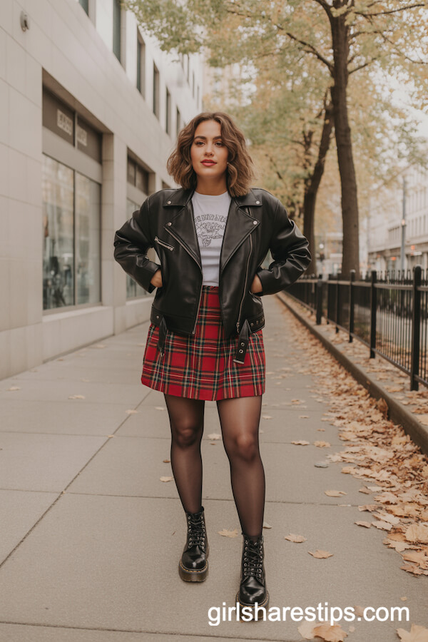 Leather Jacket & Plaid Skirt Combo