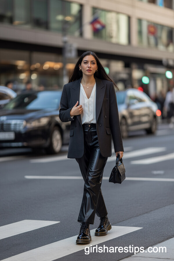 Wool Blazer Faux Leather Pants Chic