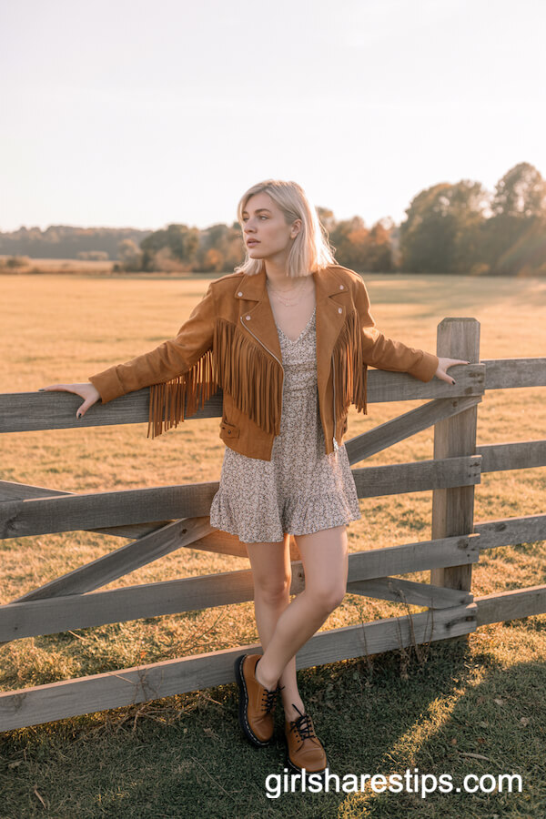 Suede Fringe Jacket Floral Dress