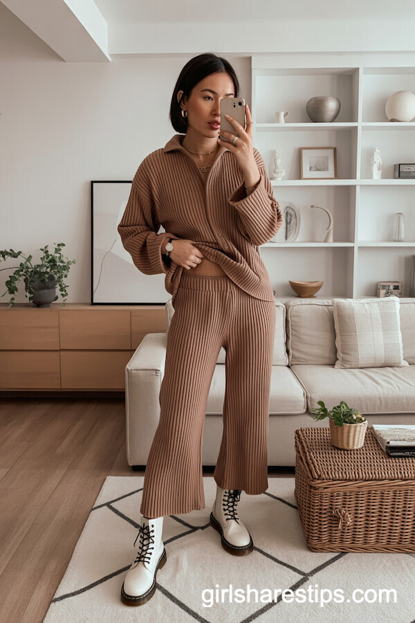 Knit Lounge Set & White Boots Cozy Style