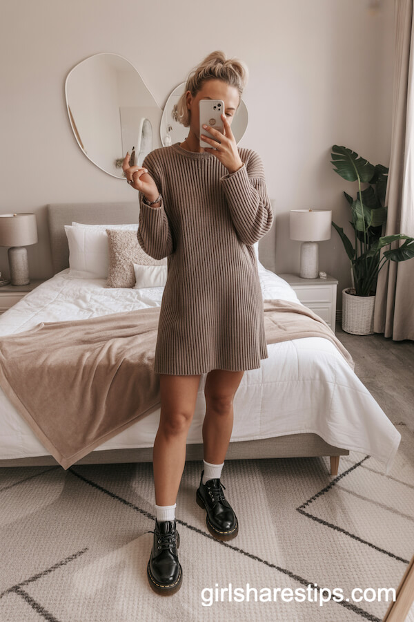 Sweater Dress Black Boots Relaxed Vibe