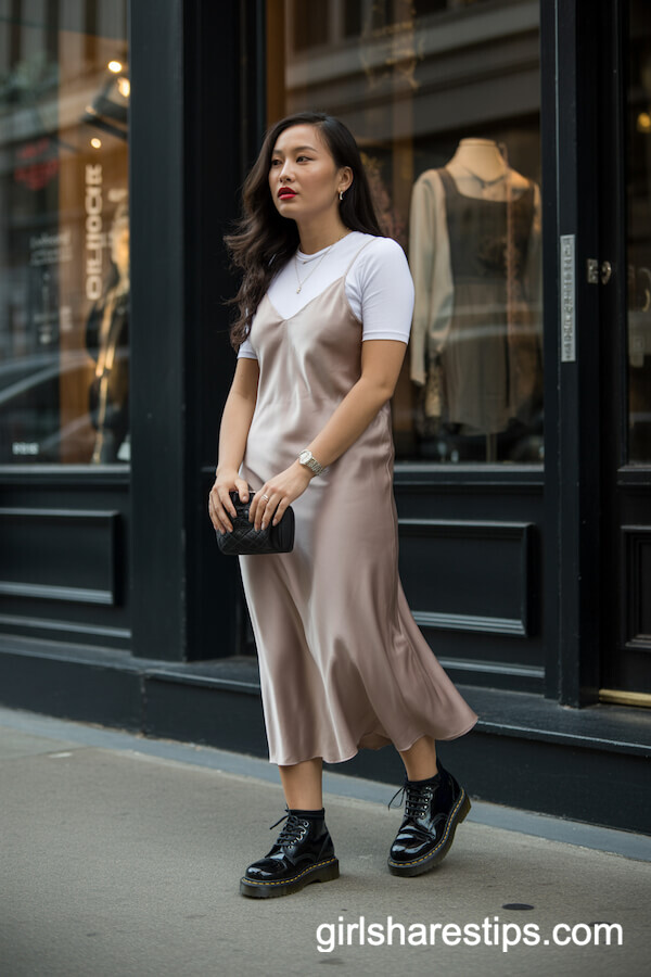 Satin Dress & White Tee Layering