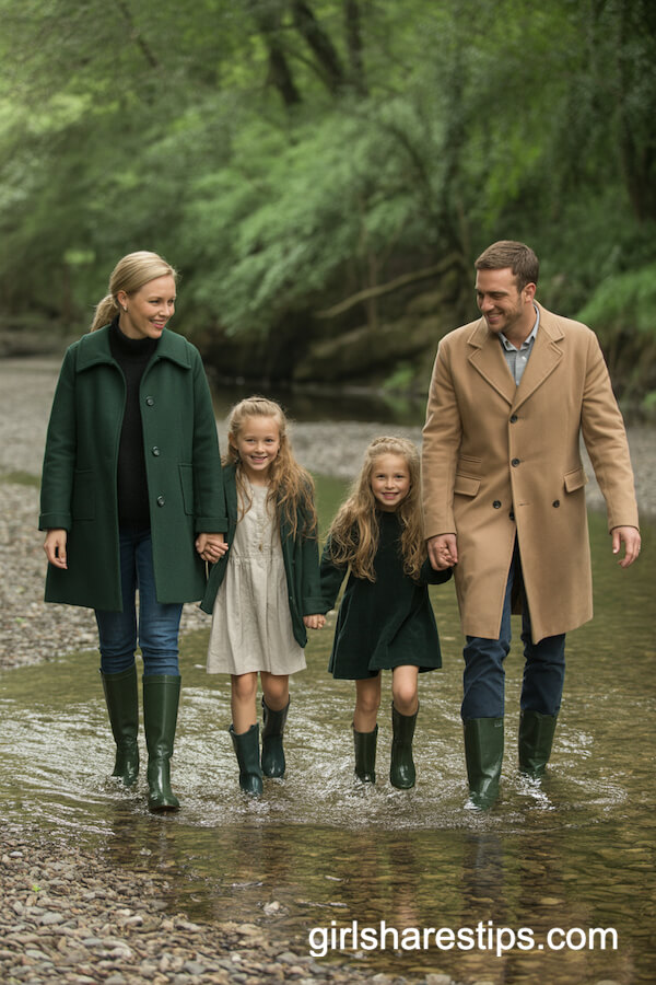 Forest Green Peacoats by the Creek
