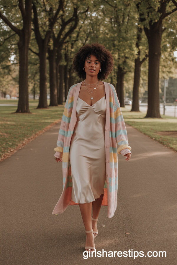 Pastel Cardigan Layered Over Slip Dress