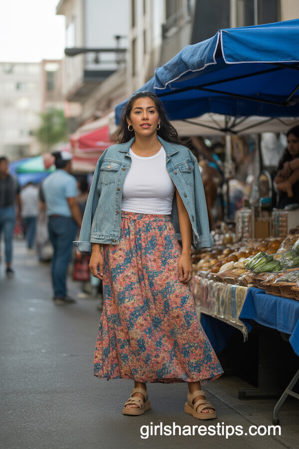 Vintage Denim Jacket and Floral Maxi Skirt
