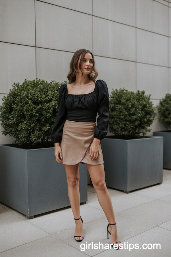 Black Puffed Sleeve Top with Beige Skirt