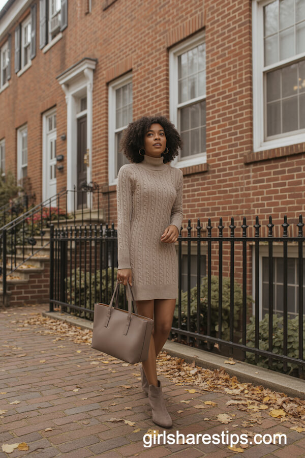 Cable-Knit Sweater Dress Taupe Booties