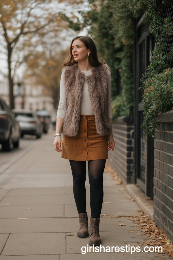 Faux Fur Vest with Corduroy Mini Skirt