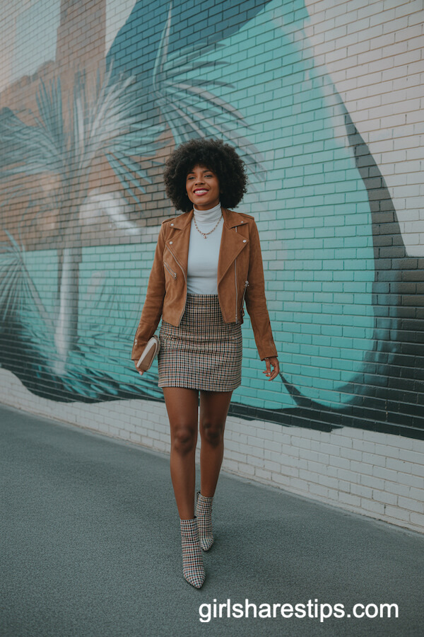 Tan Suede Jacket Checkered Mini Skirt