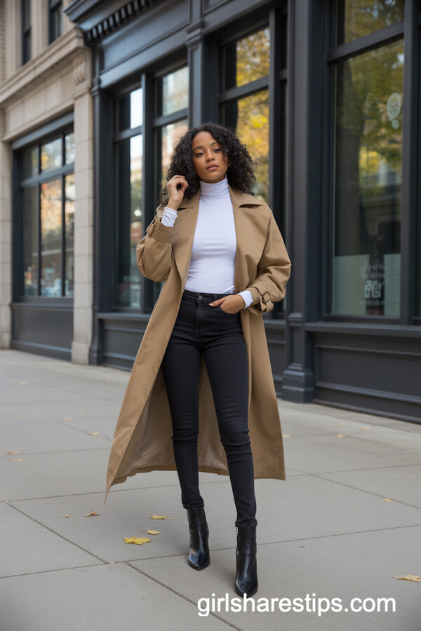 Trench Coat Paired with White Turtleneck