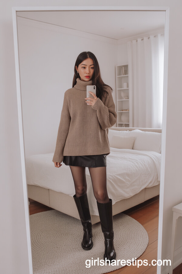 Beige Turtleneck Sweater with Black Mini Skirt